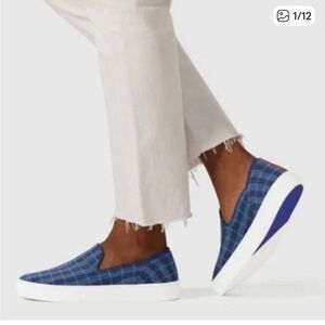 Rothy’s the Slip On Shoe Sneakers Indigo Plaid Navy Blue Womens